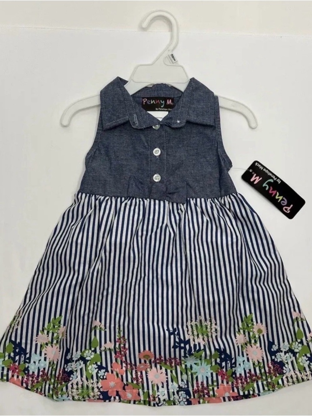 Penny M By Penelope Mack Dress Girls 18 Months Chambray Floral Stripes NWT